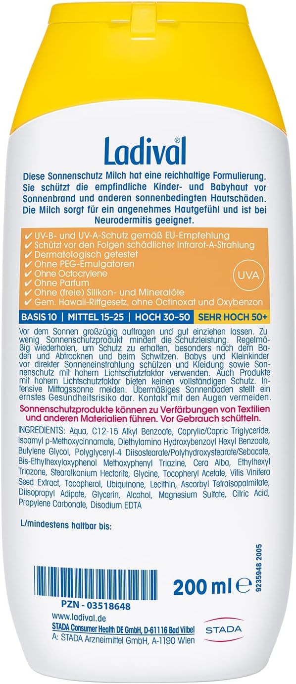 Ladival Children's Sun Lotion SPF 50+ - Perfume Sun Protection Lotion for Children - No Colourants and Preservatives - Waterproof - 1 x 200 ml