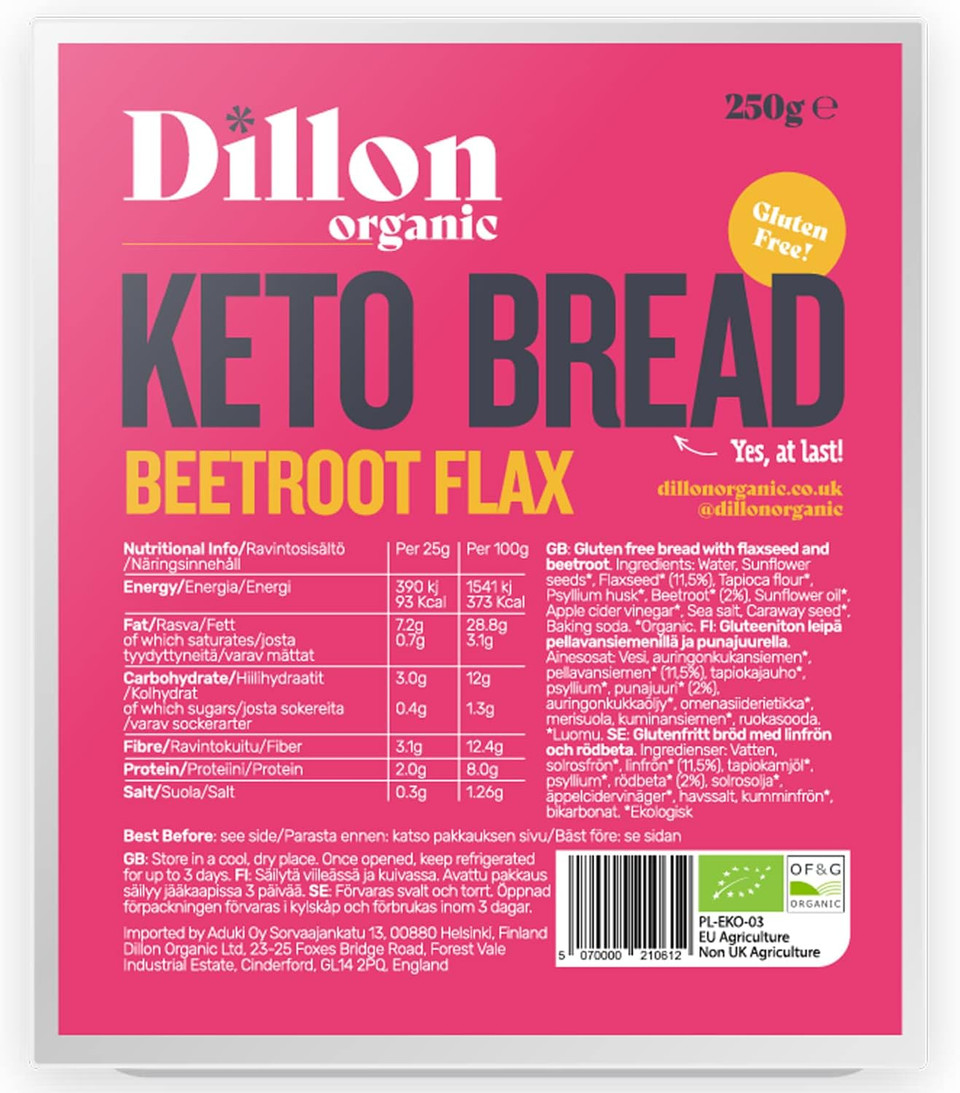Dillon Organic Beetroot Flax Keto Bread, 6 x 250g Low Carb and Gluten-Free, High Fibre and High Omega 3, A Blend of Beetroot, Flax, Sunflower Seeds, and Caraway Seeds