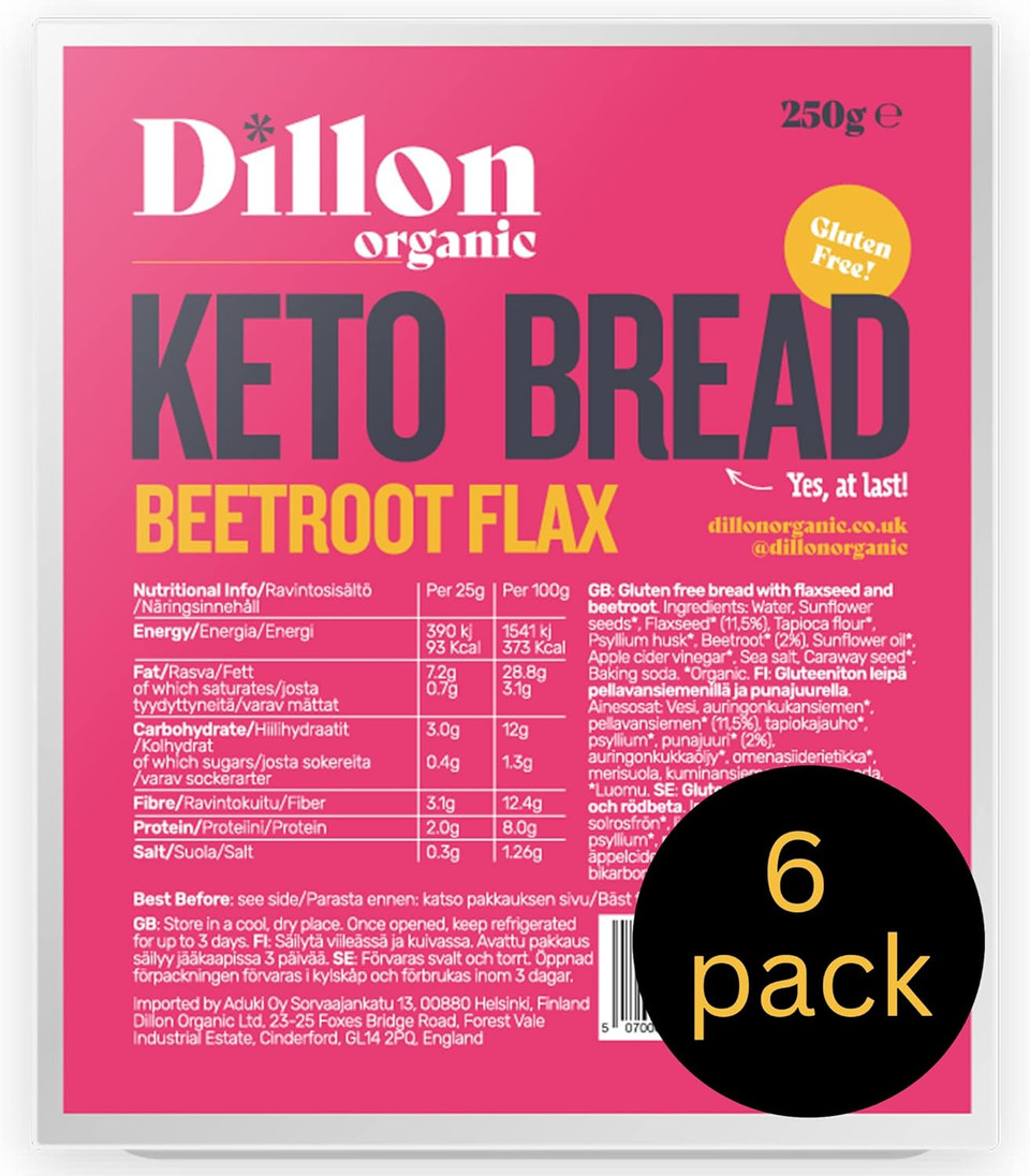 Dillon Organic Beetroot Flax Keto Bread, 6 x 250g Low Carb and Gluten-Free, High Fibre and High Omega 3, A Blend of Beetroot, Flax, Sunflower Seeds, and Caraway Seeds