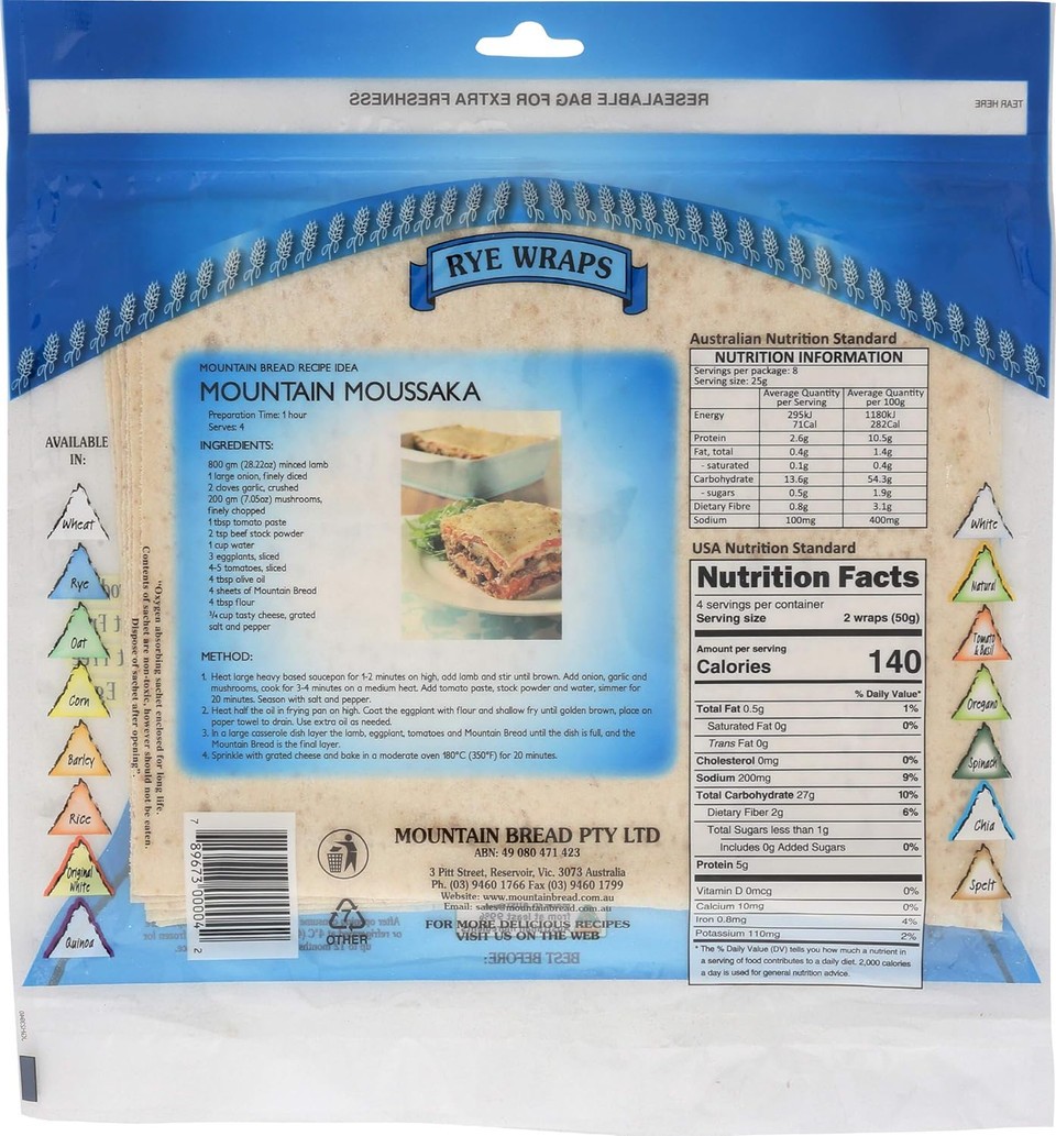 Mountain Bread Light Rye Wraps 200 g (Pack of 3)