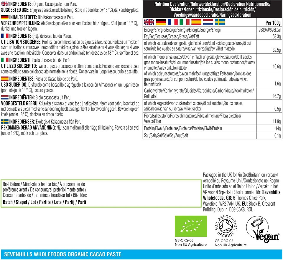 Sevenhills Wholefoods Organic Cacao Paste (Liquor, Mass) Drops 500g x 2 individual pouches, total weight 1kg