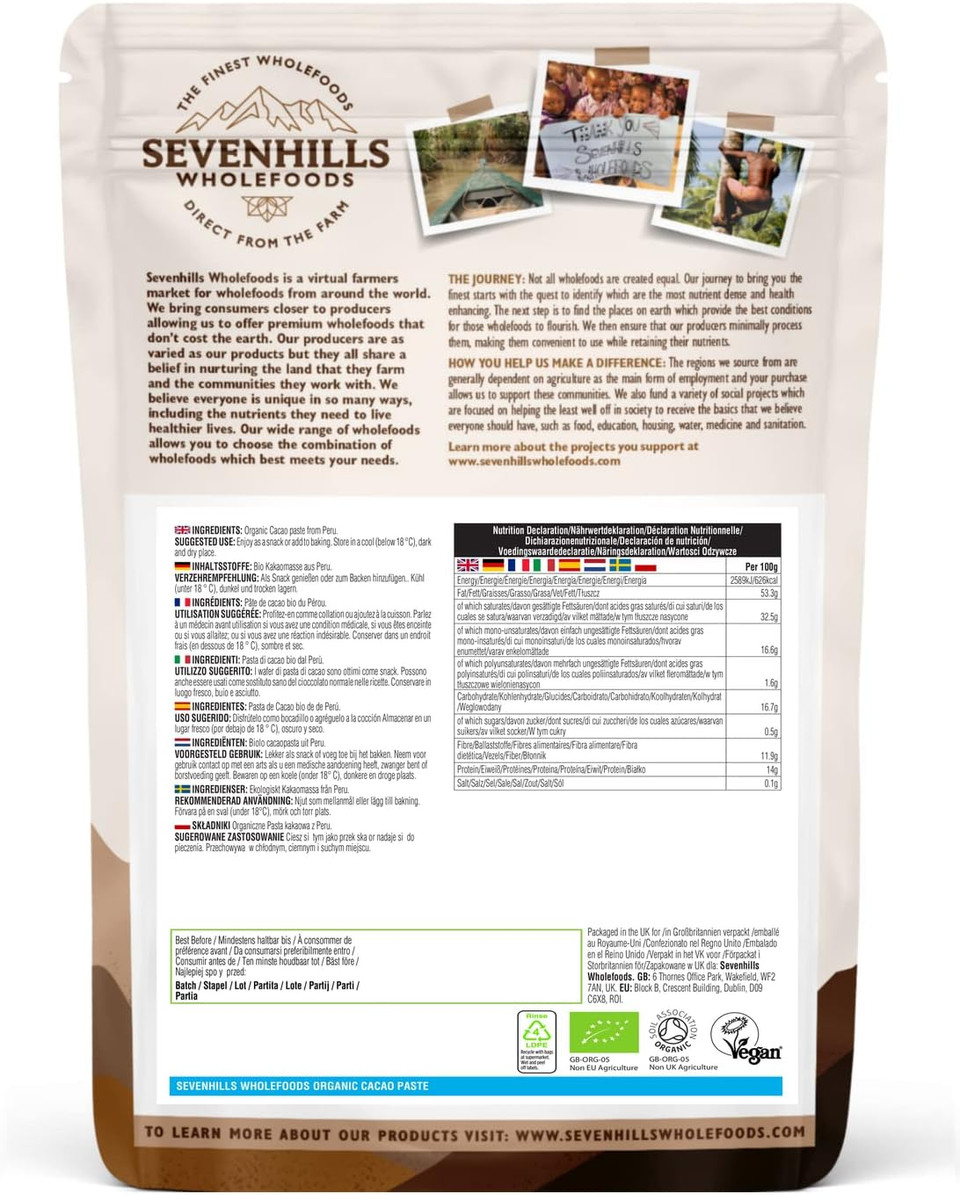 Sevenhills Wholefoods Organic Cacao Paste (Liquor, Mass) Drops 500g x 2 individual pouches, total weight 1kg