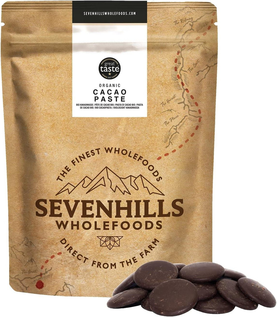 Sevenhills Wholefoods Organic Cacao Paste (Liquor, Mass) Drops 500g x 2 individual pouches, total weight 1kg