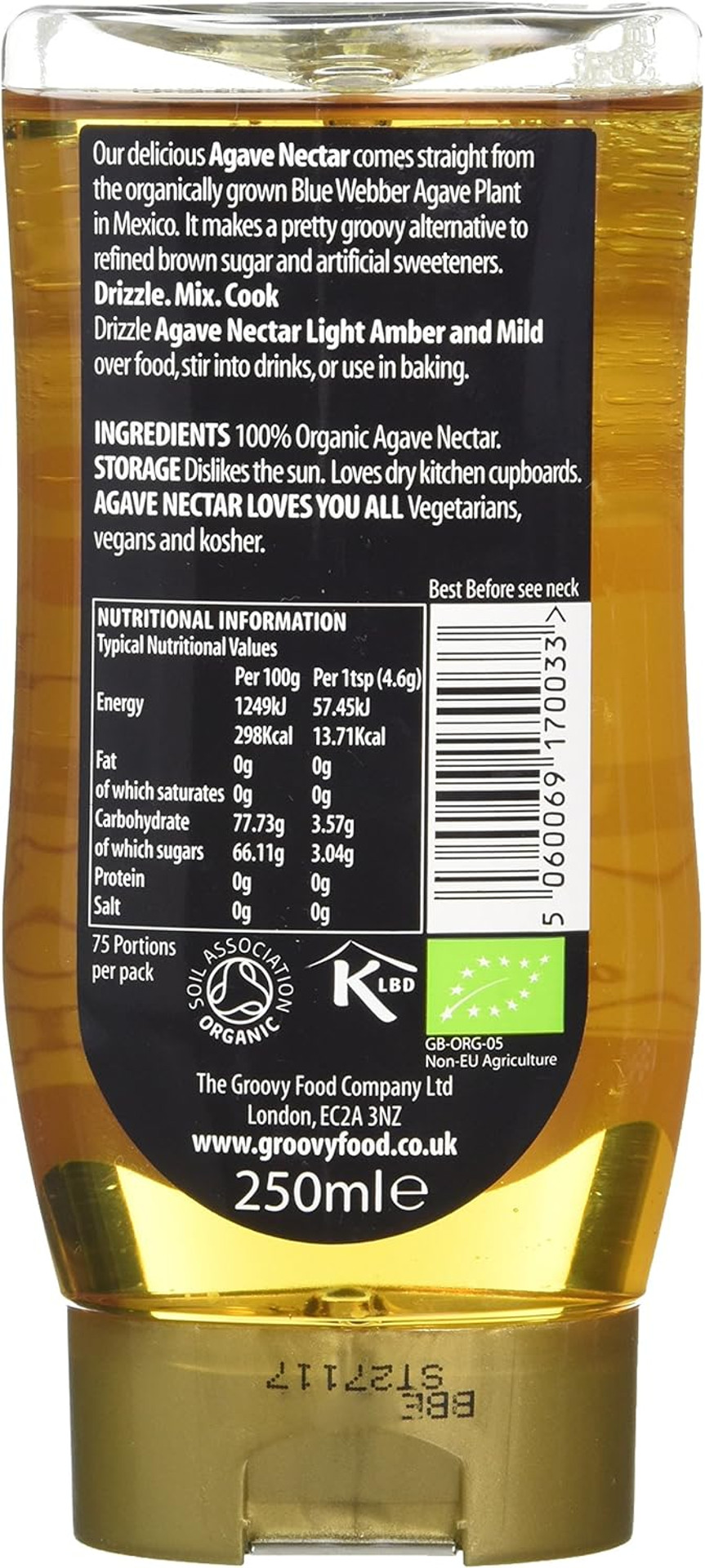 The Groovy Food Company Organic Light Amber & Mild Agave Nectar 250ml (Pack of 3)