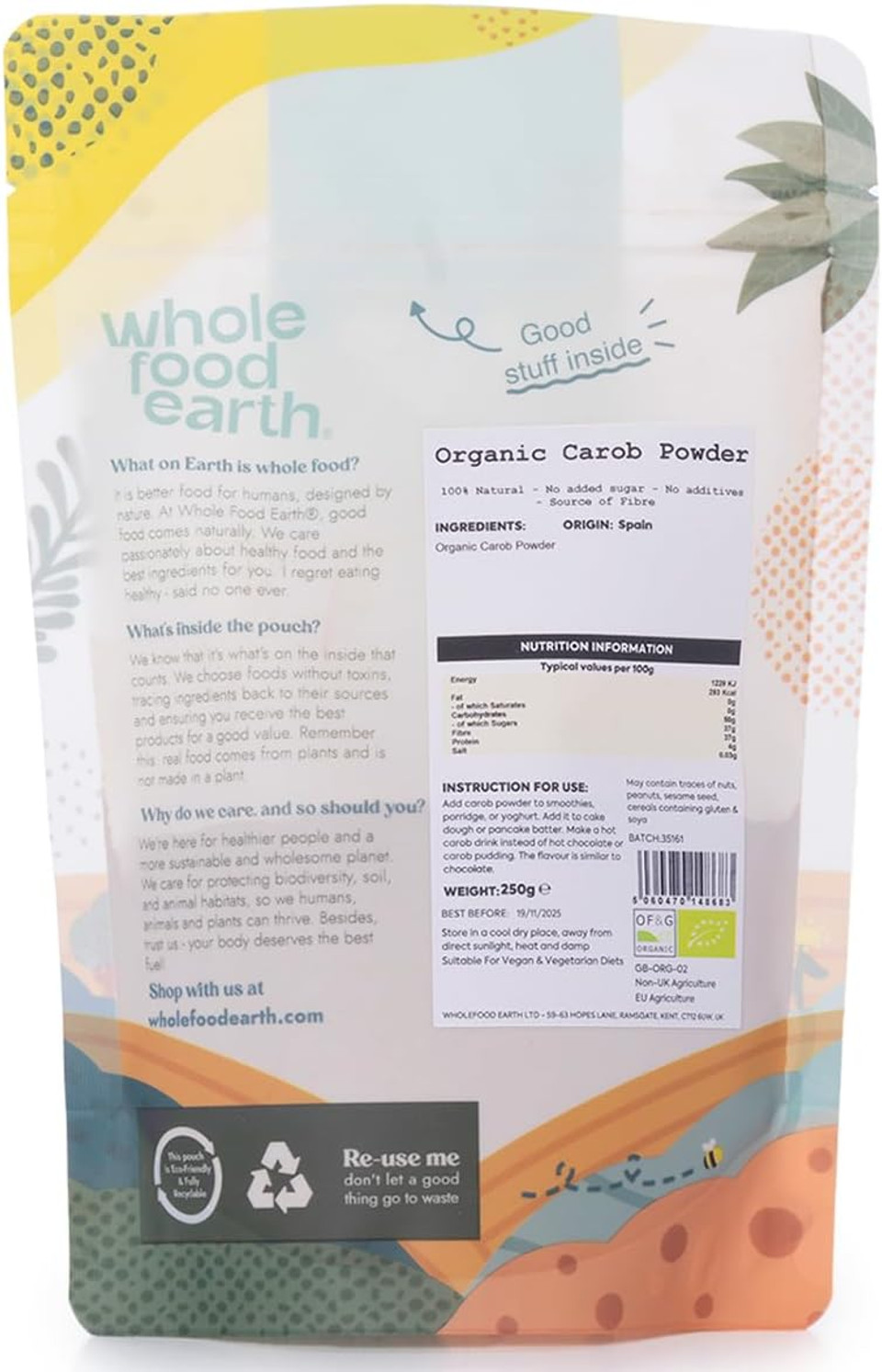 Wholefood Earth - Organic Carob Powder 250g - Grade A - Vegan - No Added Sugar - GMO Free