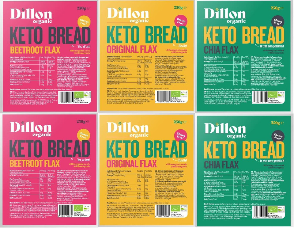 Dillon Organic Keto Bread Mixed Selection | Gluten Free | Original Flax, Chia Flax & Beetroot Flax | 2 of Each Flavour | 6 x 250g