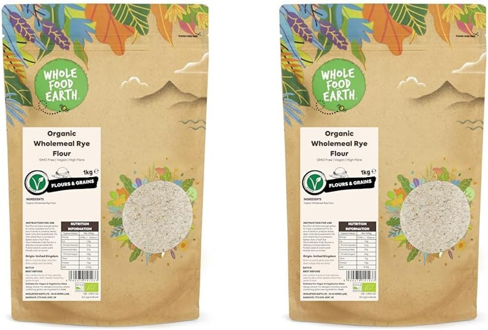 Wholefood Earth Organic Wholemeal Rye Flour  1 kg | GMO Free | Vegan | High Fibre | Certified Organic