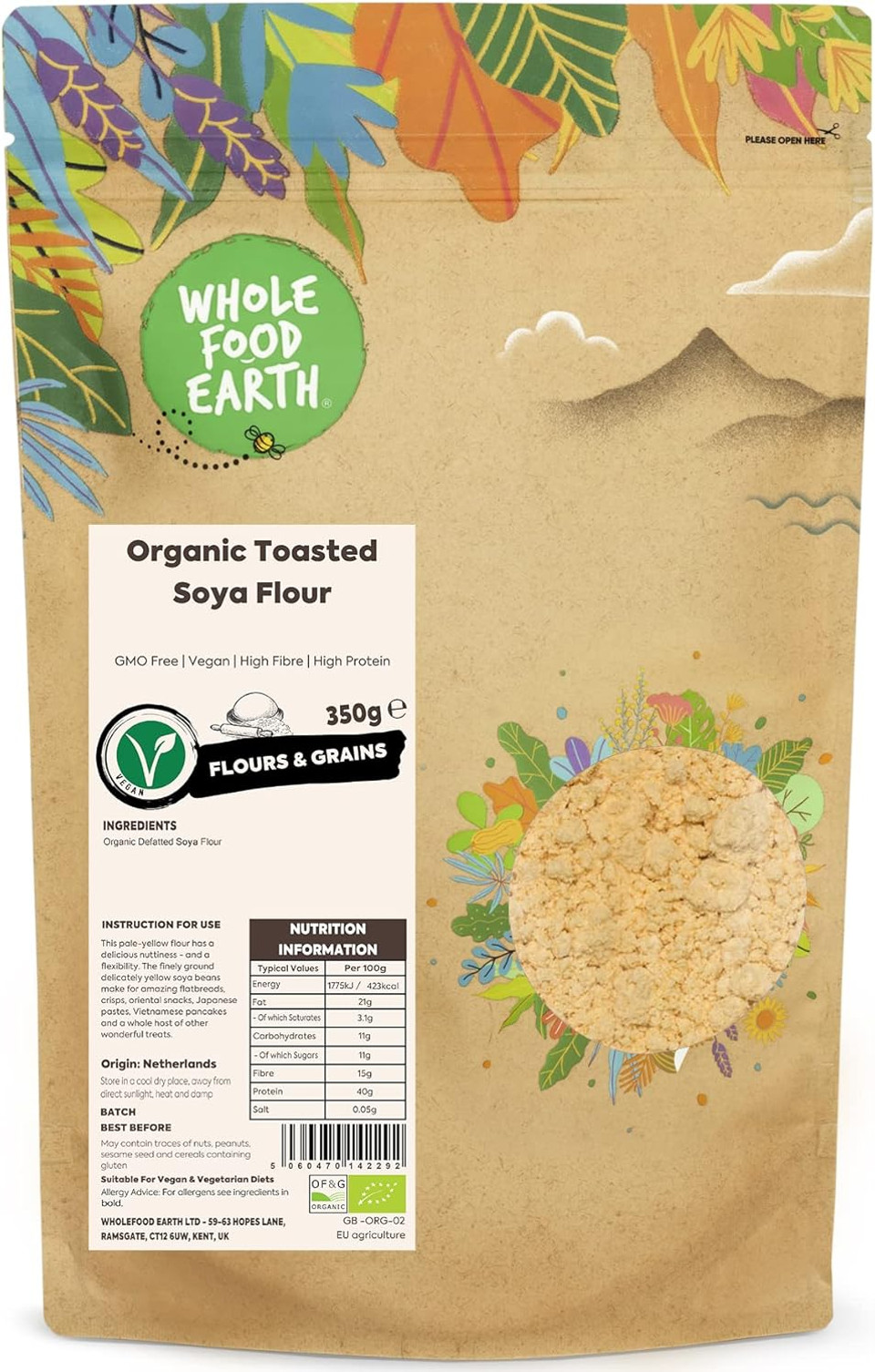 Wholefood Earth Organic Toasted SOYA Flour  1 kg | GMO Free | Vegan | High Fibre | High Protein | Certified Organic