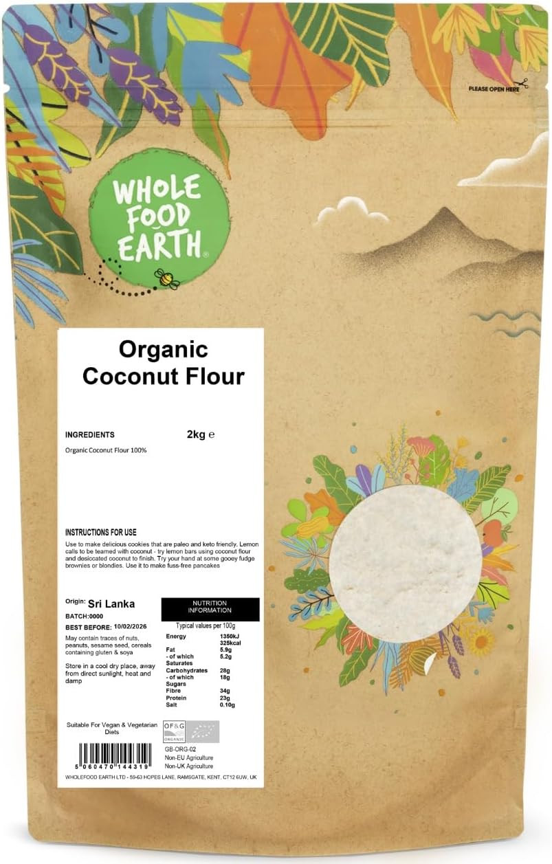 Wholefood Earth Organic Coconut Flour  2 kg | GMO Free | Vegan | High Fibre | Certified Organic