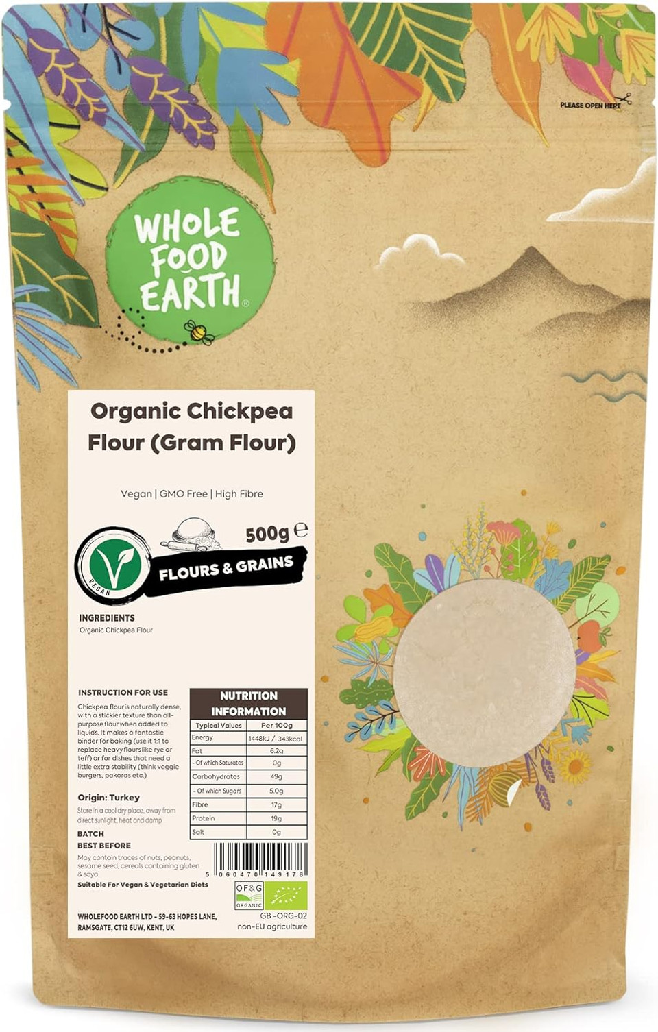 Wholefood Earth Organic Chickpea Flour (Gram Flour)  500g | Vegan | GMO Free | High Fibre | Certified Organic