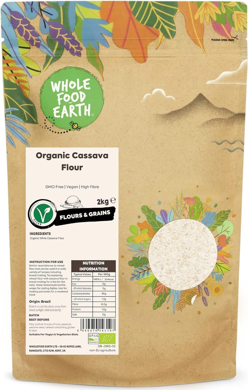 Wholefood Earth Organic Cassava Flour  2 kg | GMO Free | Vegan | High Fibre | Certified Organic