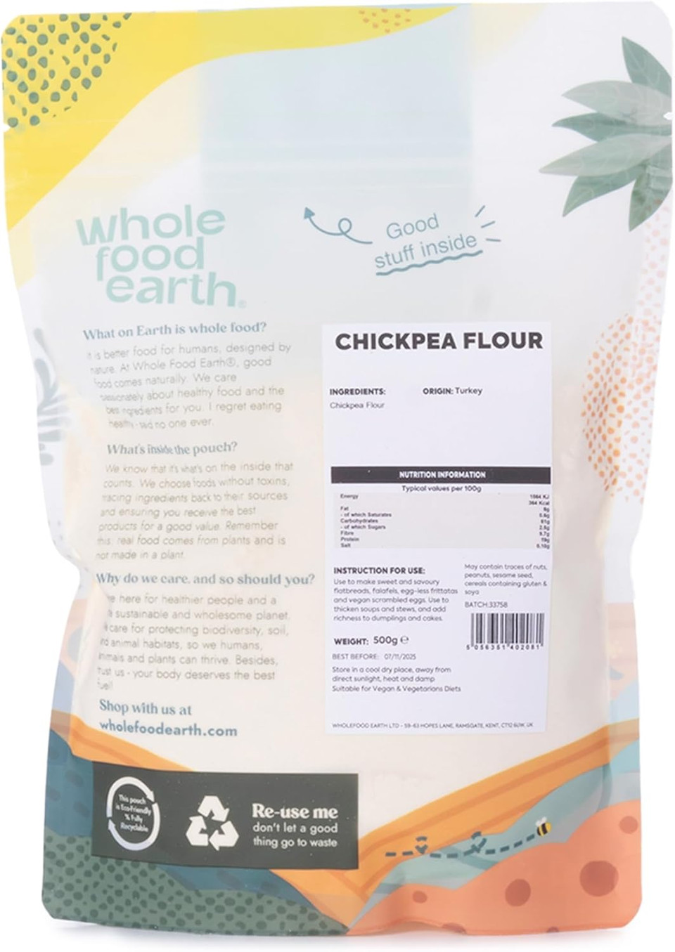 Wholefood Earth Chick Pea Flour 3 kg | GMO Free | High Fibre