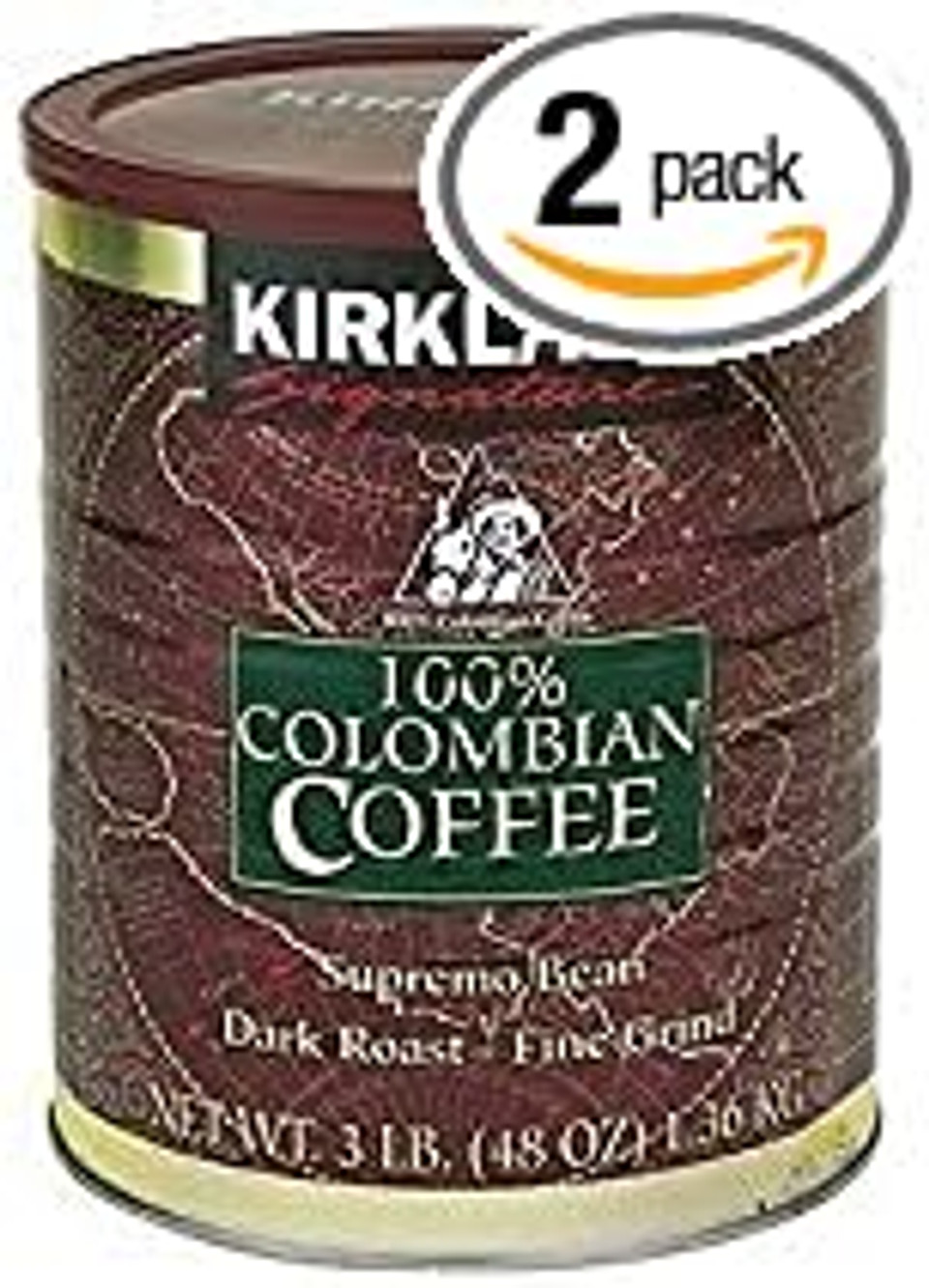 2 X Kirkland Signature 100% Colombian Filter Coffee Supremo Bean Dark Roast Fine Grind 1.36kg