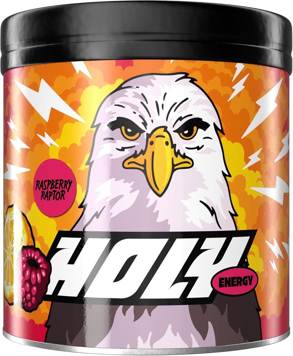 HOLY Energy Gaming Booster Flavour Powder | 50 portions with NewCaff & Green Tea Extract | Focus Booster - Focus Drink | Vegan with 100% natural fruit flavours (350 grams, Raspberry Raptor)