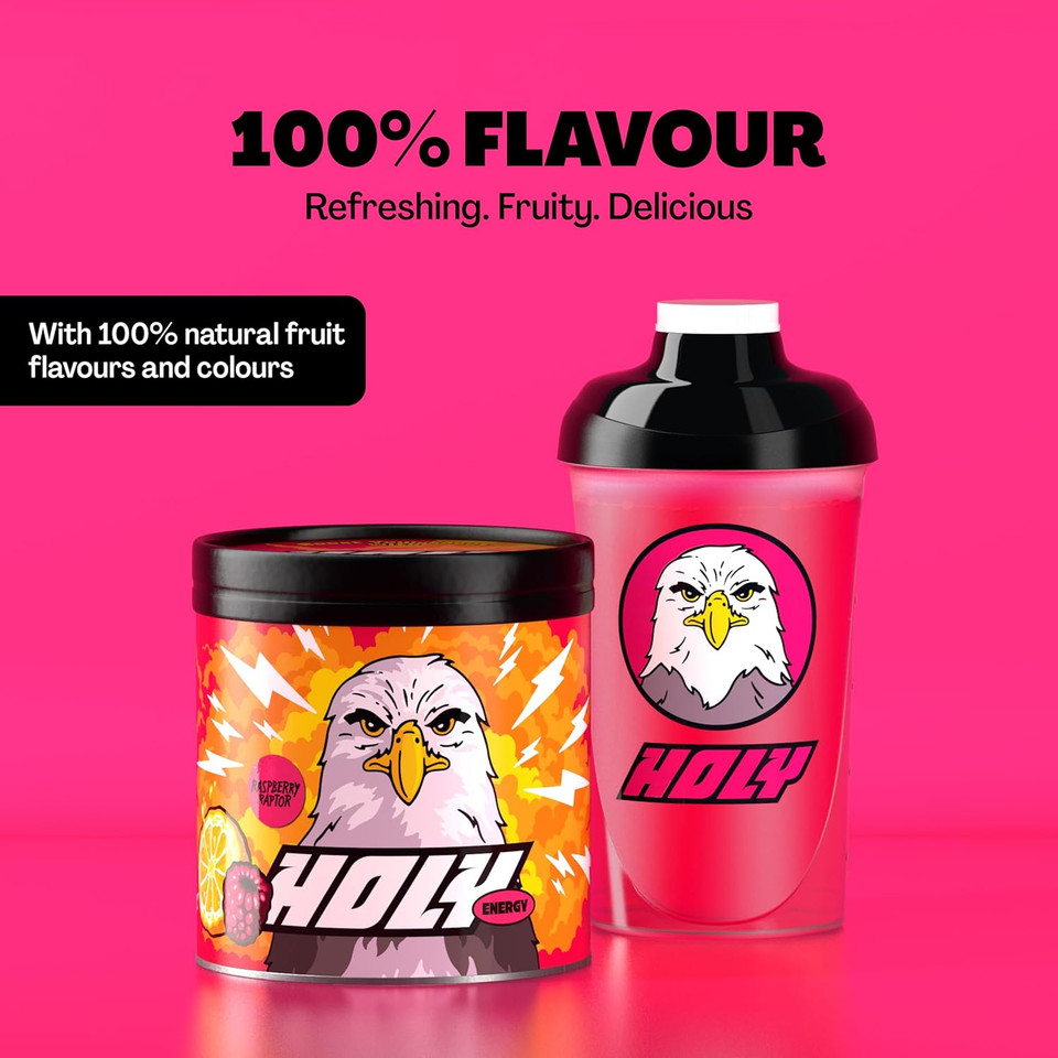 HOLY Energy Gaming Booster Flavour Powder | 50 portions with NewCaff & Green Tea Extract | Focus Booster - Focus Drink | Vegan with 100% natural fruit flavours (350 grams, Raspberry Raptor)