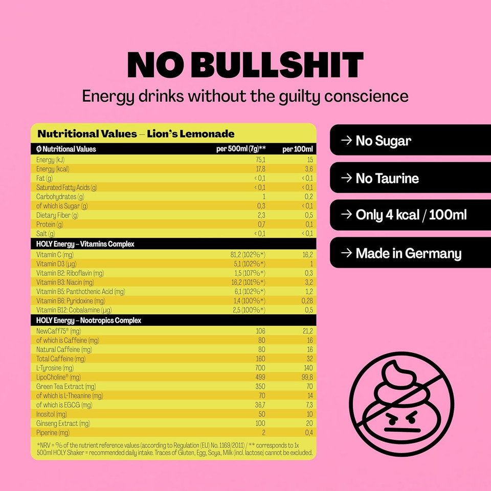 HOLY Energy Gaming Booster Flavour Powder | 50 portions with NewCaff & Green Tea Extract | Focus Booster - Focus Drink | Vegan with 100% natural fruit flavours (350 grams, Lion's Lemonade)