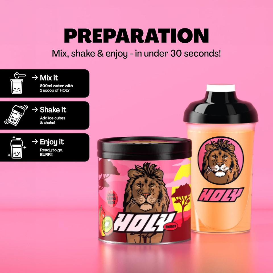 HOLY Energy Gaming Booster Flavour Powder | 50 portions with NewCaff & Green Tea Extract | Focus Booster - Focus Drink | Vegan with 100% natural fruit flavours (350 grams, Lion's Lemonade)