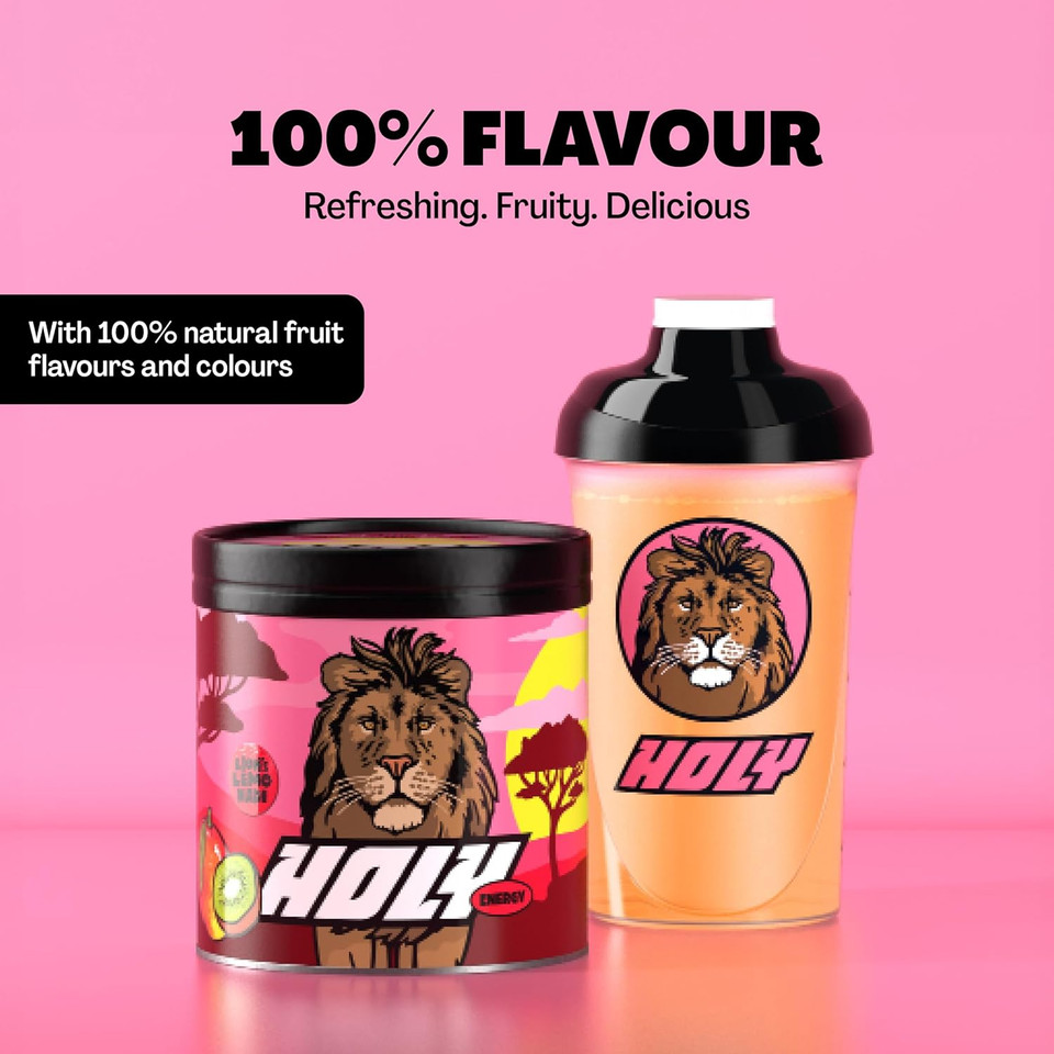 HOLY Energy Gaming Booster Flavour Powder | 50 portions with NewCaff & Green Tea Extract | Focus Booster - Focus Drink | Vegan with 100% natural fruit flavours (350 grams, Lion's Lemonade)