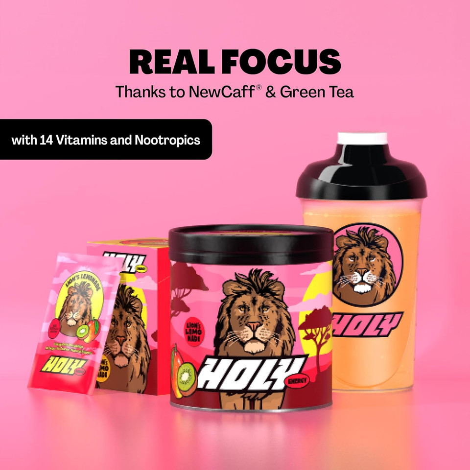 HOLY Energy Gaming Booster Flavour Powder | 50 portions with NewCaff & Green Tea Extract | Focus Booster - Focus Drink | Vegan with 100% natural fruit flavours (350 grams, Lion's Lemonade)