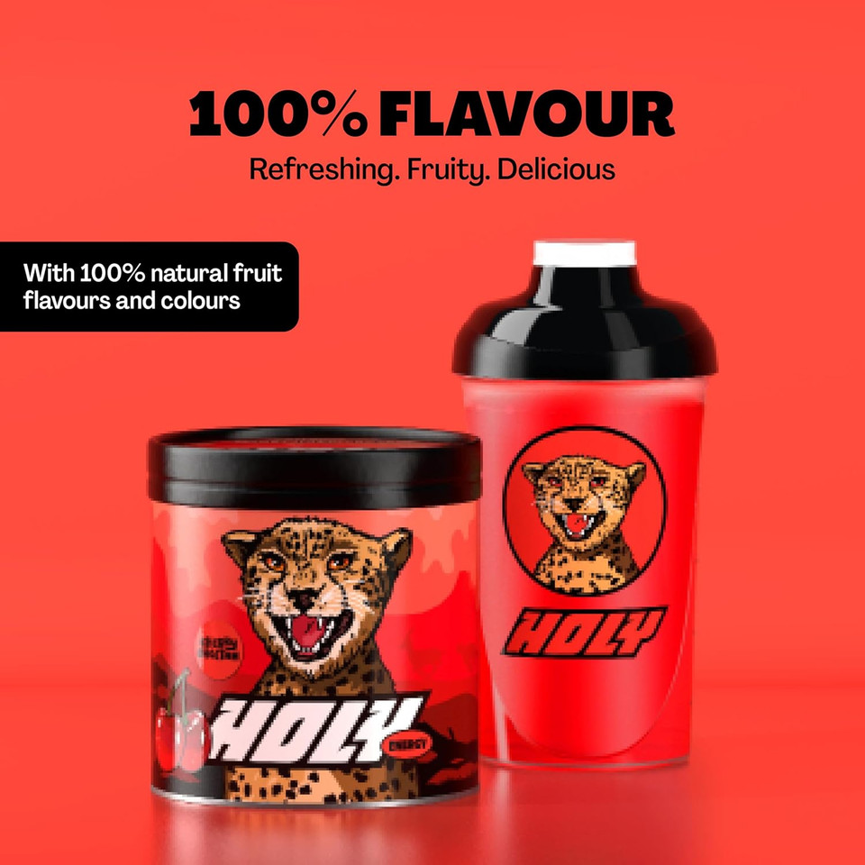 HOLY Energy Gaming Booster Flavour Powder | 50 portions with NewCaff & Green Tea Extract | Focus Booster - Focus Drink | Vegan with 100% natural fruit flavours (350 grams, Cherry Cheetah) HOLY Energy Gaming Booster Flavour Powder | 50 portions with NewCaff & Green Tea Extract | Focus Booster - Focus Drink | Vegan with 100% natural fruit flavours (350 grams, Cherry Cheetah)