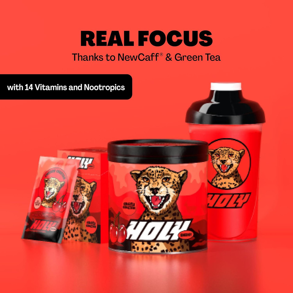 HOLY Energy Gaming Booster Flavour Powder | 50 portions with NewCaff & Green Tea Extract | Focus Booster - Focus Drink | Vegan with 100% natural fruit flavours (350 grams, Cherry Cheetah) HOLY Energy Gaming Booster Flavour Powder | 50 portions with NewCaff & Green Tea Extract | Focus Booster - Focus Drink | Vegan with 100% natural fruit flavours (350 grams, Cherry Cheetah)