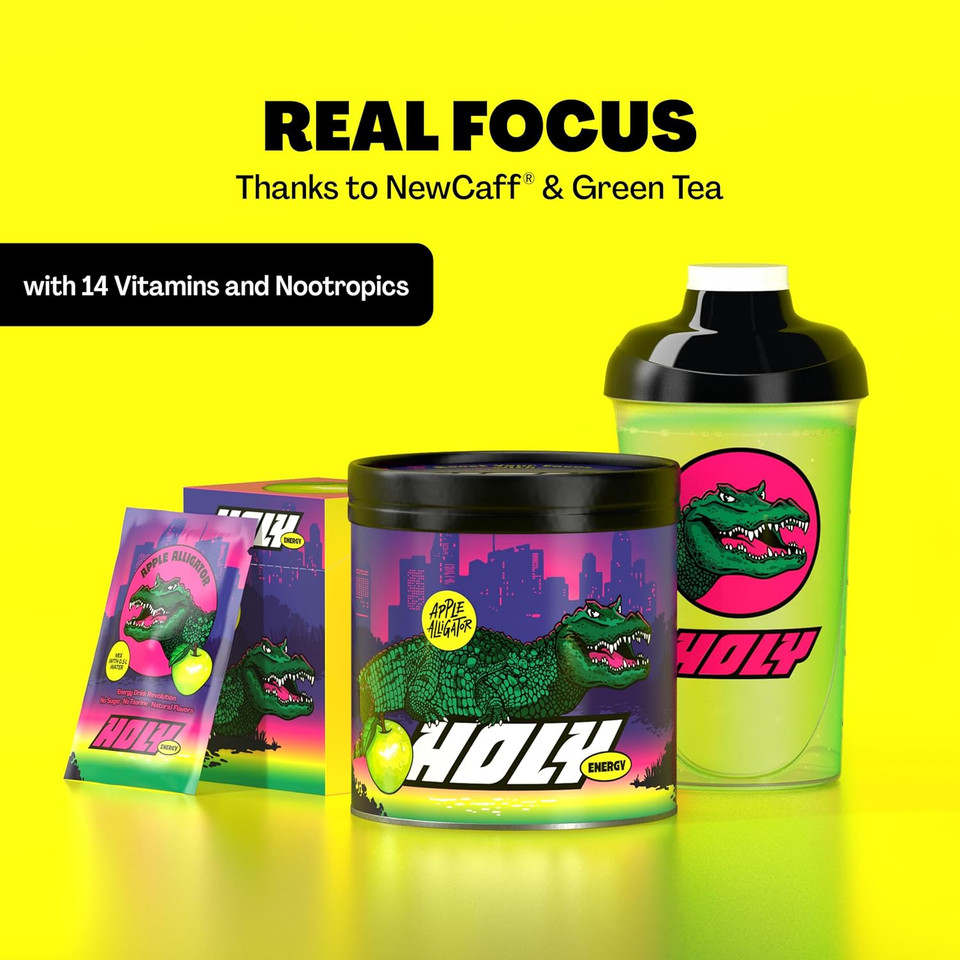 HOLY Energy Gaming Booster Flavour Powder | 50 portions with NewCaff & Green Tea Extract | Focus Booster - Focus Drink | Vegan with 100% natural fruit flavours (350 grams, Apple Alligator) HOLY Energy Gaming Booster Flavour Powder | 50 portions with NewCaff & Green Tea Extract | Focus Booster - Focus Drink | Vegan with 100% natural fruit flavours (350 grams, Apple Alligator)