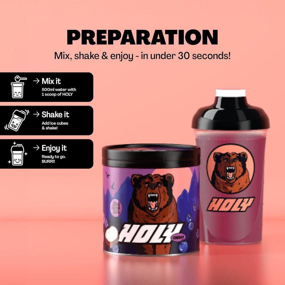 HOLY Energy Gaming Booster Flavour Powder | 50 portions with NewCaff & Green Tea Extract | Focus Booster - Focus Drink | Vegan with 100% natural fruit flavours (350 Grams, Blueberry Bear)