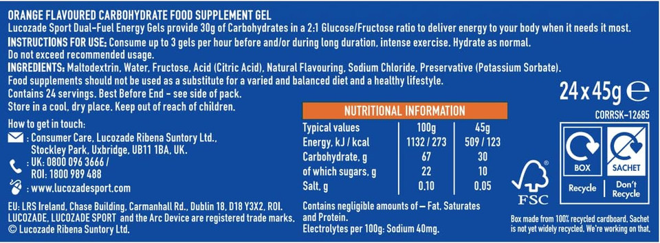 Lucozade Sport Dual-Fuel Energy Gels - Orange 24x45g | Carbohydrate Food Supplement Gel |
