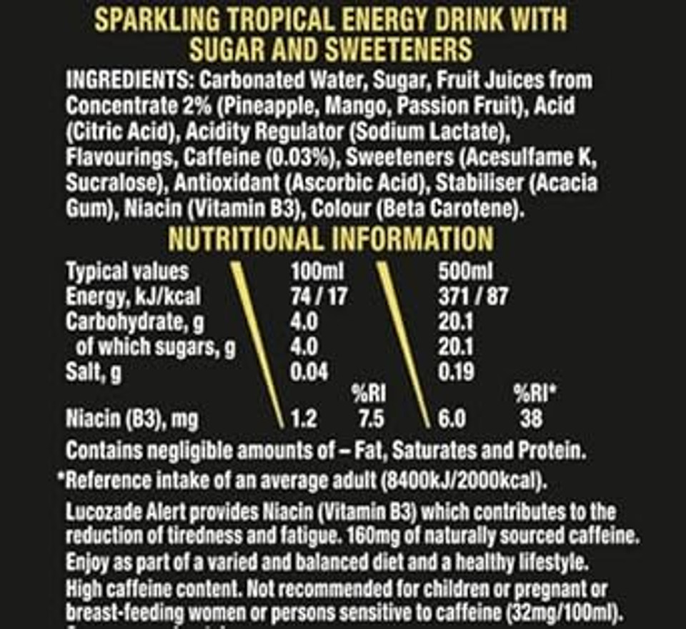 Lucozade Alert Original 12x500ml- can ; High Caffeine Energy Drink ;Great Taste; Contains vitamin B3 to help reduce tiredness ;Fully recyclable