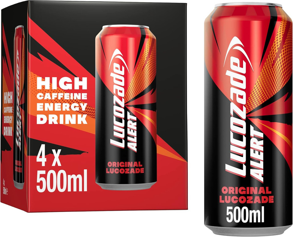 Lucozade Alert Original 4x500ml- can ; High Caffeine Energy Drink ;Great Taste; Contains vitamin B3 to help reduce tiredness ;Fully recyclable