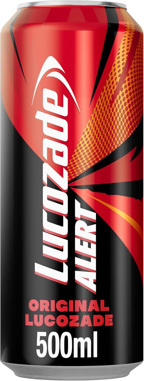 Lucozade Alert Original 4x500ml- can ; High Caffeine Energy Drink ;Great Taste; Contains vitamin B3 to help reduce tiredness ;Fully recyclable