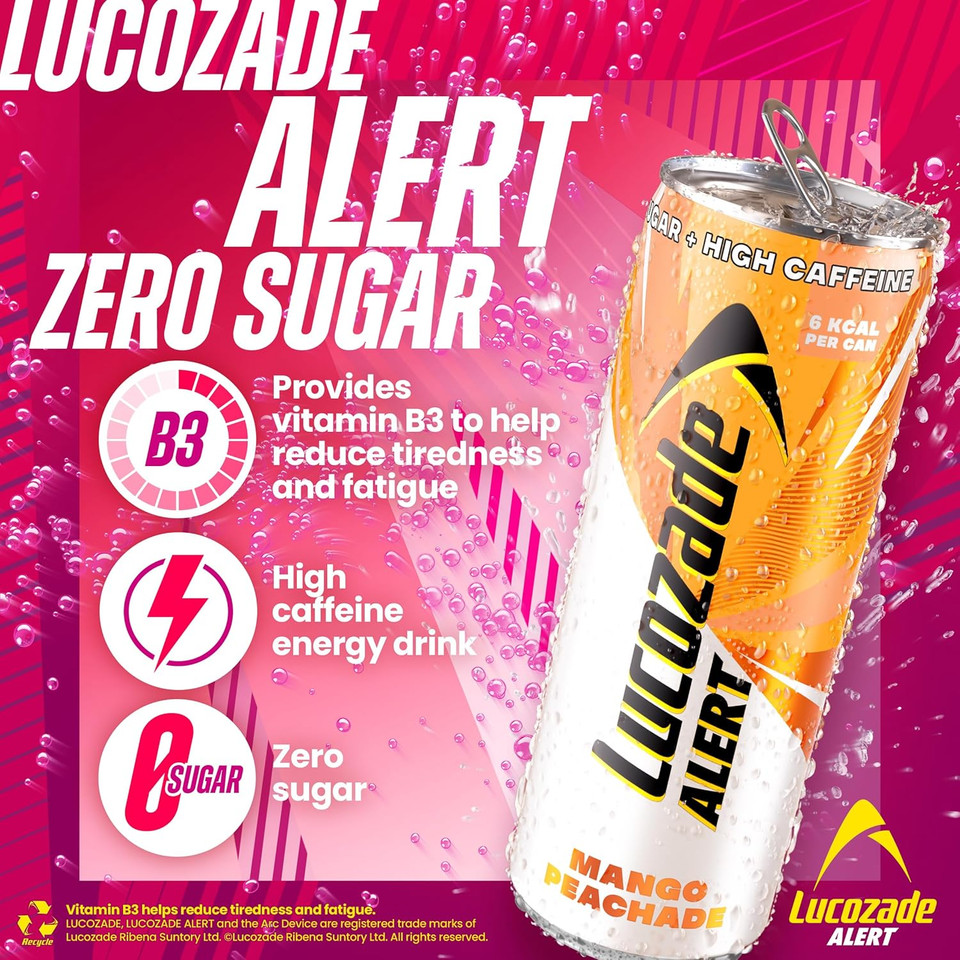 Lucozade Alert Energy Drink Zero Sugar Mango Peachade 250ml (Pack of 24)