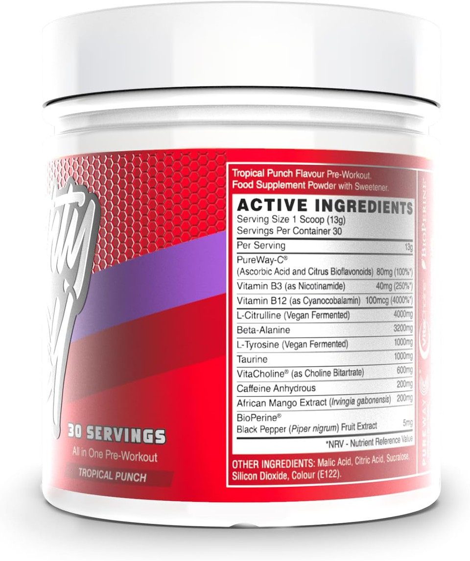 Naughty Boy High Energy Pre Workout Powder with Beta Alanine, Citrulline & Caffeine Supplements for Men & Women Clinically Dosed Energy Drink- 390g/30 Servings (Tropical Punch)