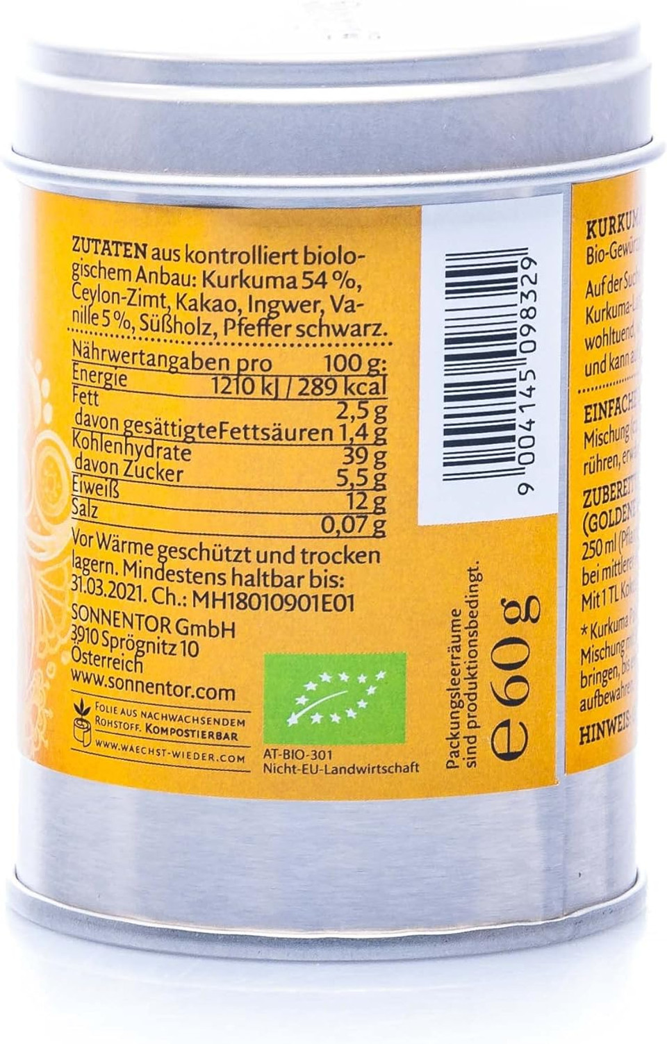 SONNENTOR Organic Turmeric Latte Vanilla Golden Milk (Tin) 60g (PACK OF 1)