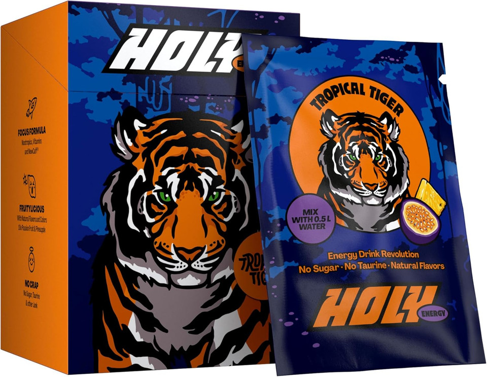 HOLY Energy Gaming Booster 10 Tasting Box Tropical Tiger with passion fruit & pineapple flavour | 10 portions with NewCaff & green tea extract | Focus Drink | Vegan with 100% natural fruit flavours