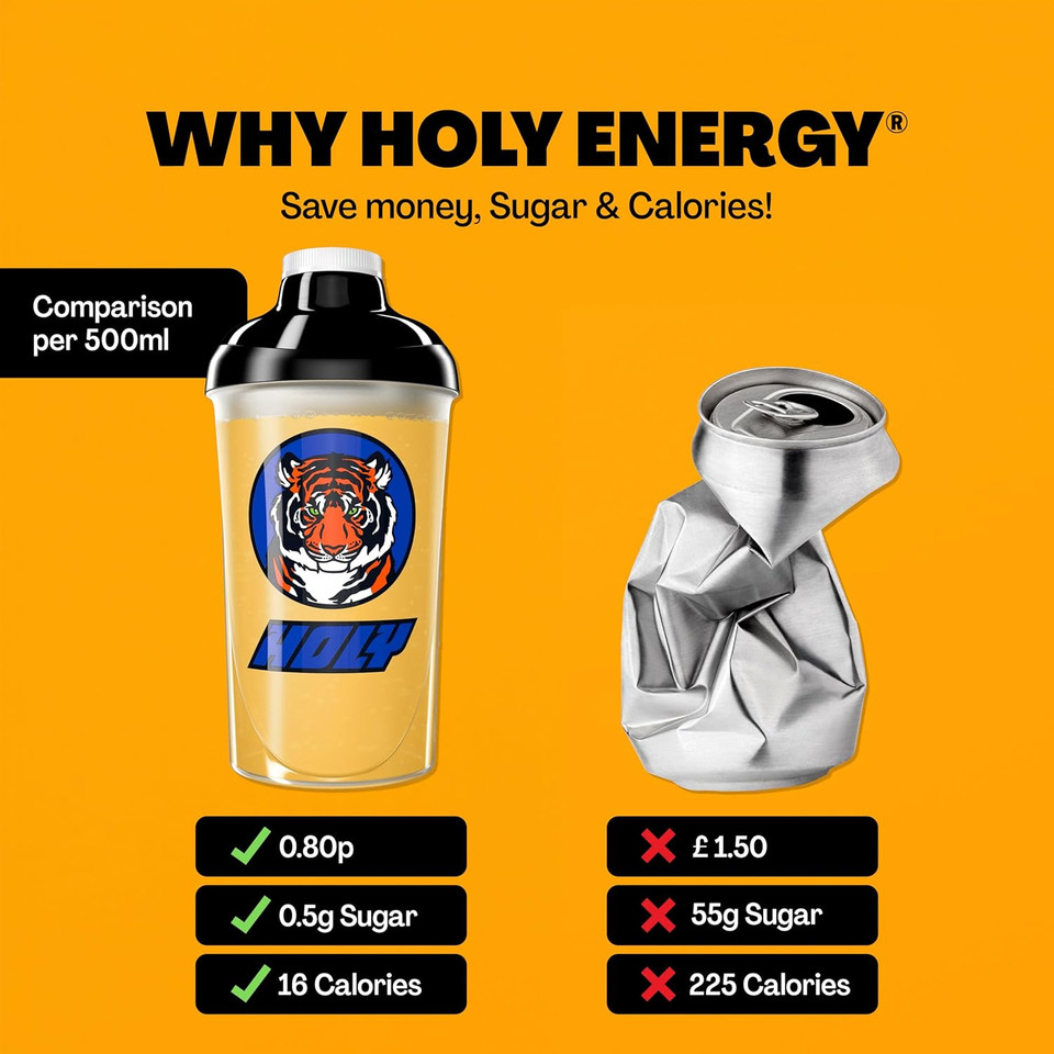 HOLY Energy Gaming Booster 10 Tasting Box Tropical Tiger with passion fruit & pineapple flavour | 10 portions with NewCaff & green tea extract | Focus Drink | Vegan with 100% natural fruit flavours