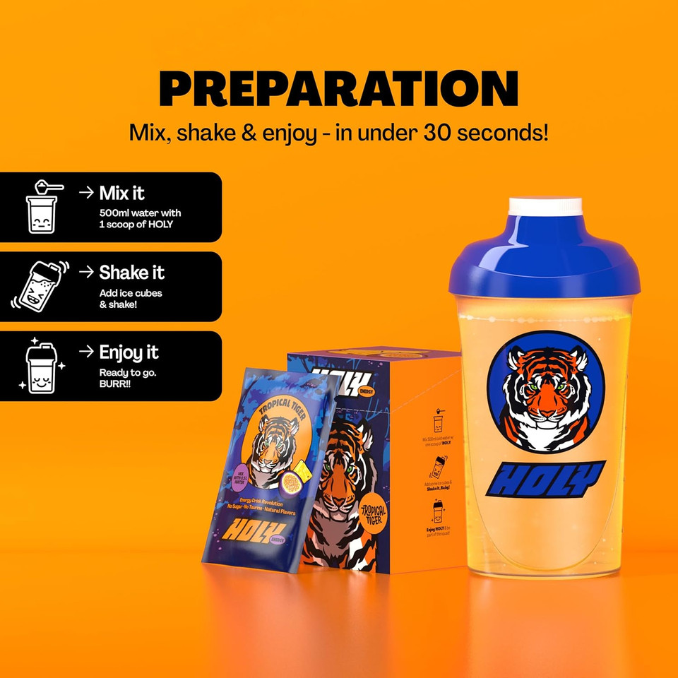 HOLY Energy Gaming Booster 10 Tasting Box Tropical Tiger with passion fruit & pineapple flavour | 10 portions with NewCaff & green tea extract | Focus Drink | Vegan with 100% natural fruit flavours