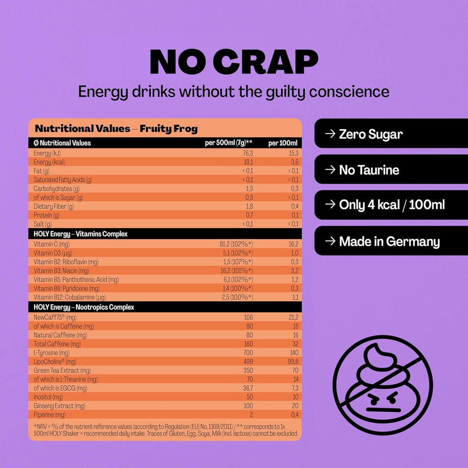 HOLY Energy Gaming Booster 10-pack tasting box Fruity Frog with mango, passion fruit & pineapple | 10 portions with NewCaff & green tea extract | Focus Drink | Vegan with natural fruit flavours