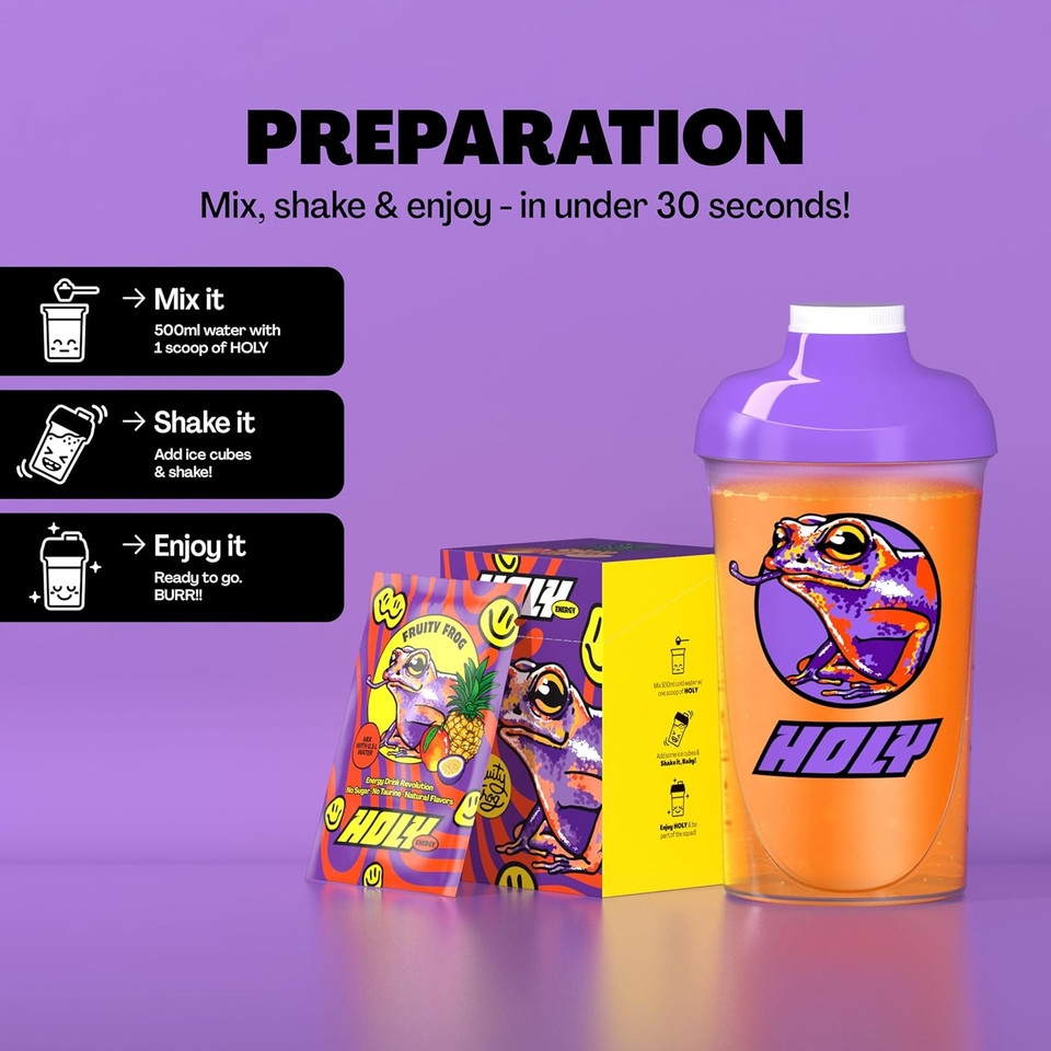 HOLY Energy Gaming Booster 10-pack tasting box Fruity Frog with mango, passion fruit & pineapple | 10 portions with NewCaff & green tea extract | Focus Drink | Vegan with natural fruit flavours