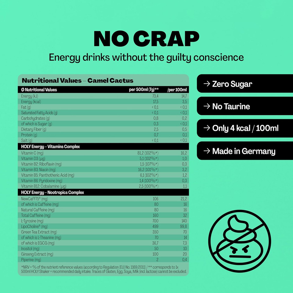 HOLY Energy Gaming Booster 10 Tasting Box Cactus Camel with prickly pear flavour powder | 10 portions with NewCaff & green tea extract | Focus Drink | Vegan with 100% natural fruit flavours