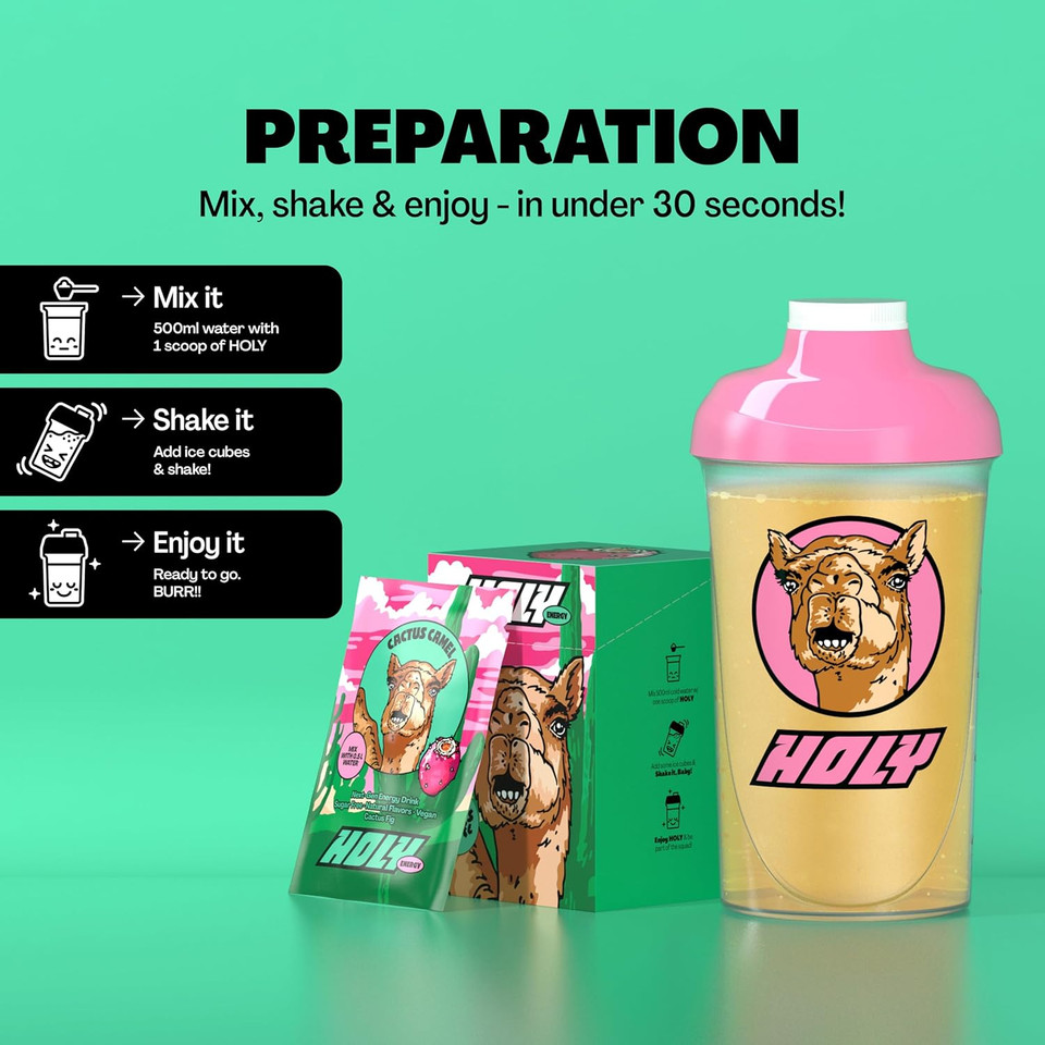 HOLY Energy Gaming Booster 10 Tasting Box Cactus Camel with prickly pear flavour powder | 10 portions with NewCaff & green tea extract | Focus Drink | Vegan with 100% natural fruit flavours