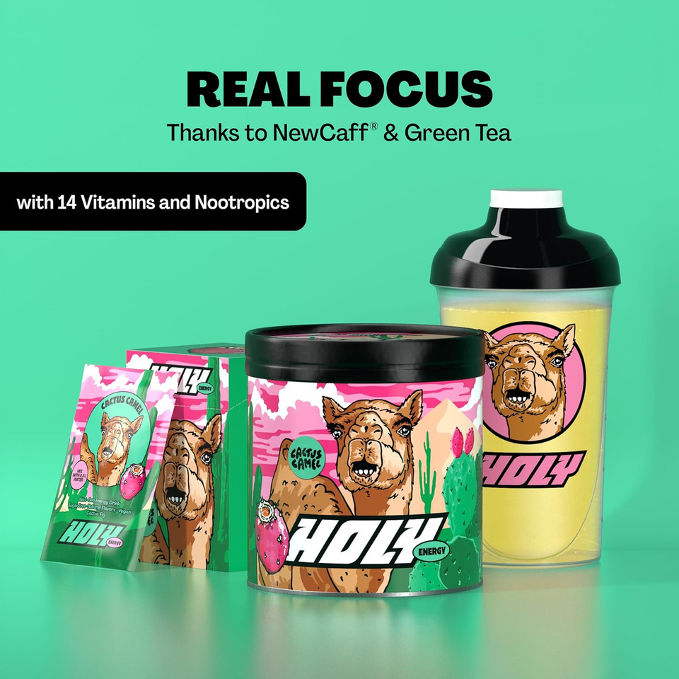 HOLY Energy Gaming Booster 10 Tasting Box Cactus Camel with prickly pear flavour powder | 10 portions with NewCaff & green tea extract | Focus Drink | Vegan with 100% natural fruit flavours