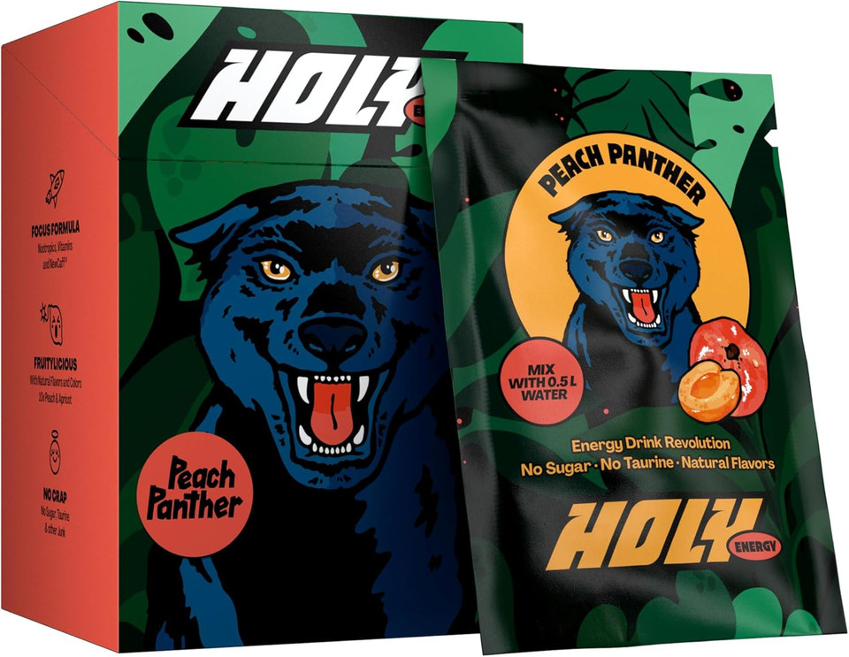 HOLY Energy Gaming Booster 10er Tasting Box Peach Panther with Peach Flavour Powder | 10 portions with NewCaff & Green Tea Extract | Focus Drink | Vegan with 100% natural fruit flavours