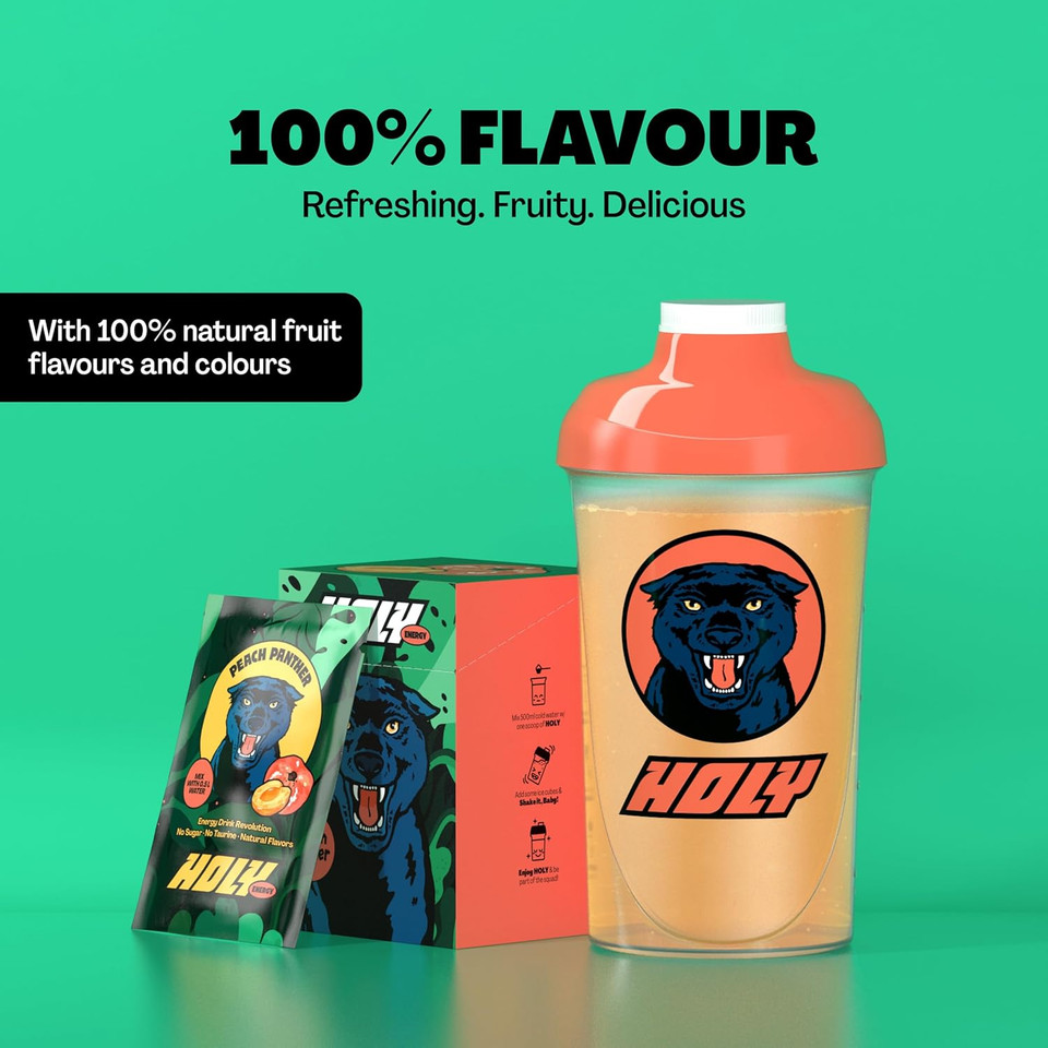HOLY Energy Gaming Booster 10er Tasting Box Peach Panther with Peach Flavour Powder | 10 portions with NewCaff & Green Tea Extract | Focus Drink | Vegan with 100% natural fruit flavours