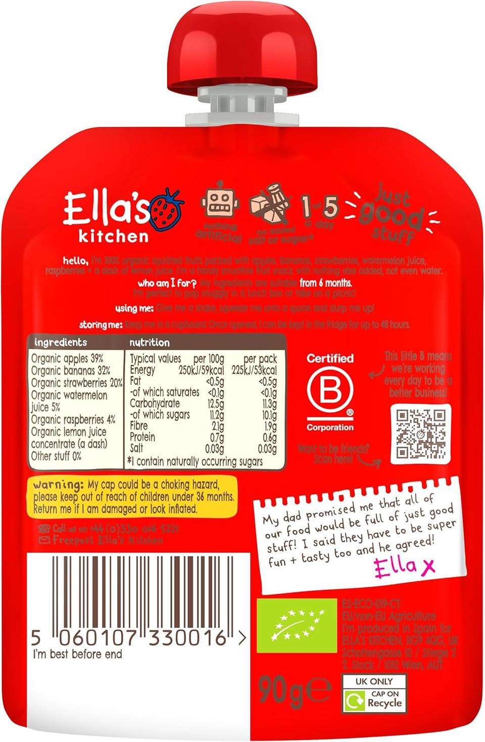 Ella's Kitchen The Red One Smoothie Fruits 90 g (Pack of 12) (Organic)