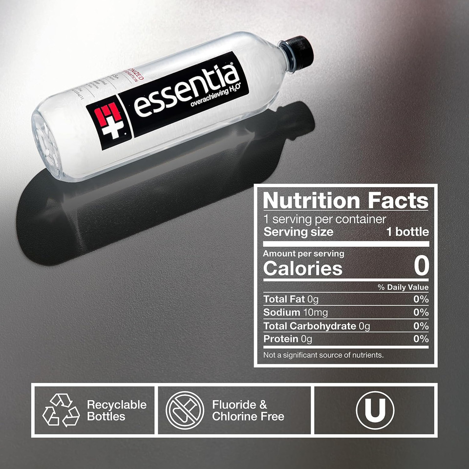 Essentia Water; 20-oz. Bottle; Ionized Alkaline Bottled Water; Electrolyte Infused for Smooth Taste; pH 9.5 or Higher; 99.9-Percent Pure, Overachieving H2O for the Doers and Believers