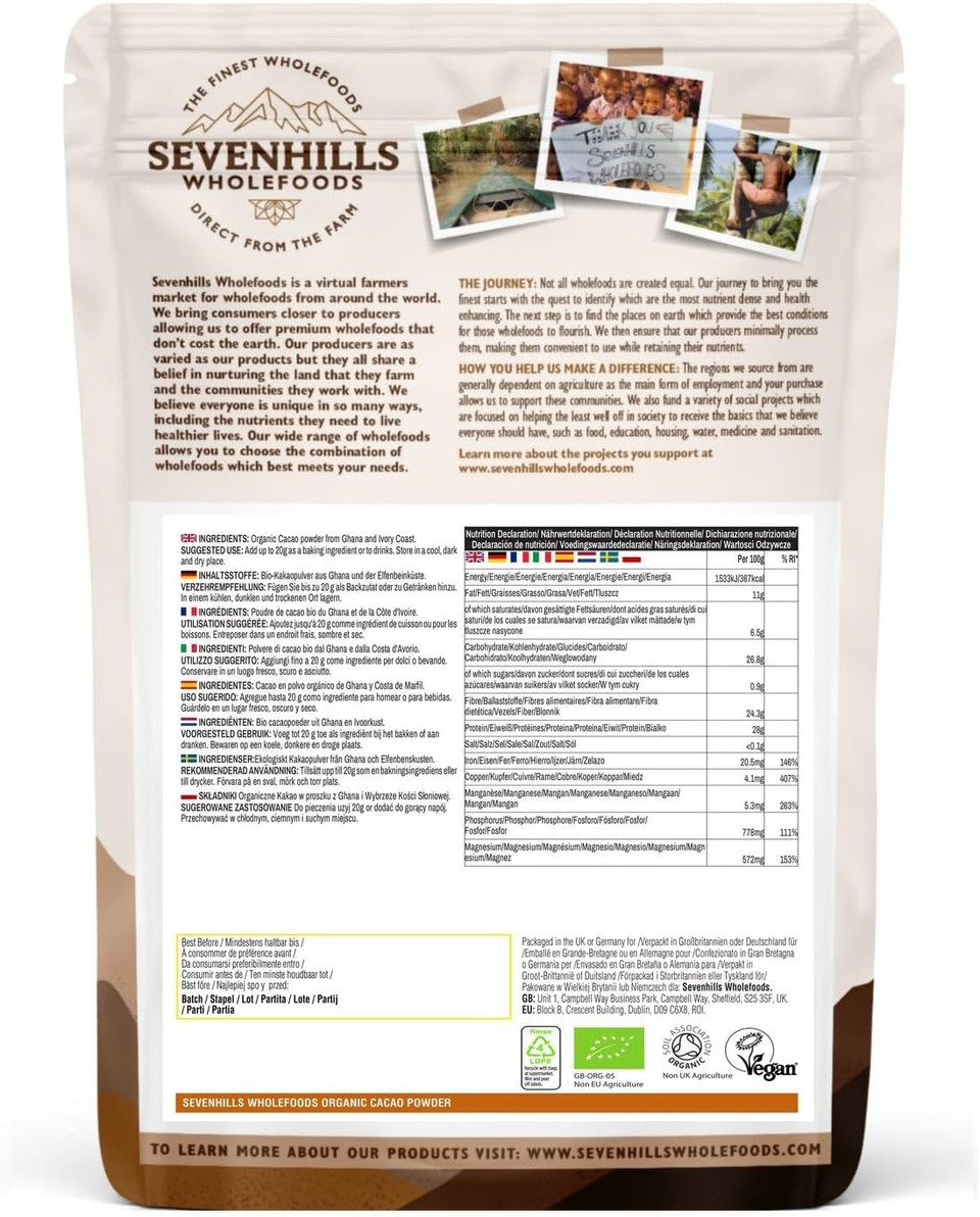 Sevenhills Wholefoods Organic Cacao/Cocoa Powder 200g | Natural Source of Potassium & Manganese | Pure & Vegan for Hot Chocolate, Smoothies & Baking | Unsweetened & Non-Alkalised | GMO Free