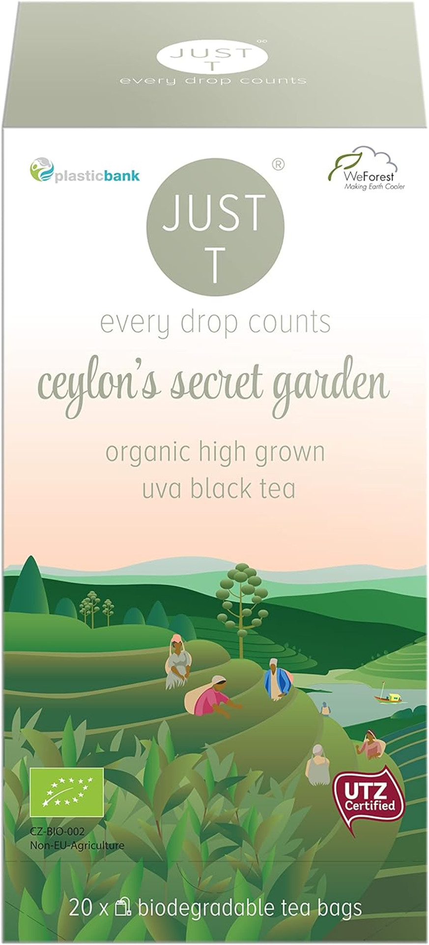 JUST T Ceylon´s Secret Garden Pyramid Tea Bag (20 pcs) | Organic Black Tea  Grown in the Uva Highlands | Biodegradable Organic Tea Bags  Premium Organic High-Grown Leaf Tea for All Tea Lovers