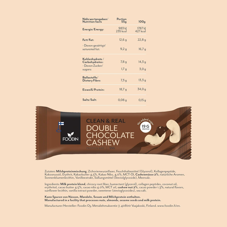 Foodin Klean and Real Protein Bar Double Chocolate Cashew 55g