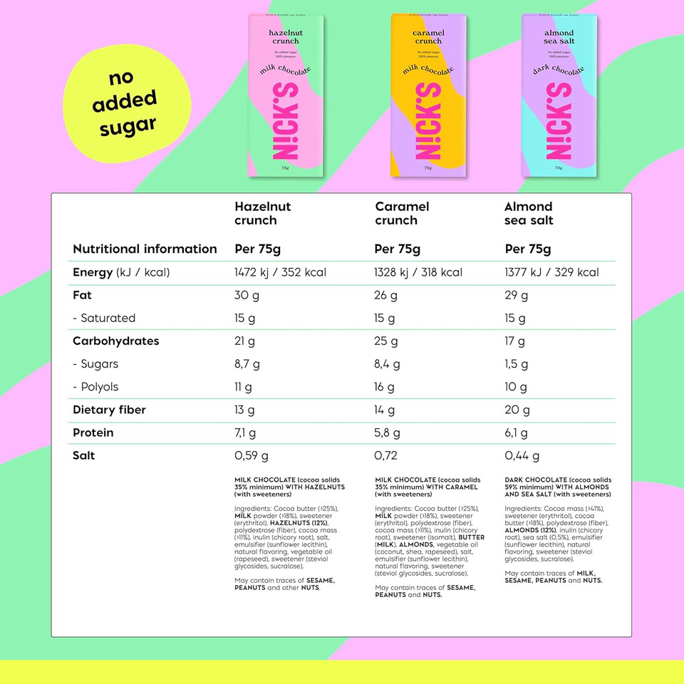 NICKS Keto chocolate block mix pack without added sugar, low carb, gluten free, palm oil free chocolates (3x75g)